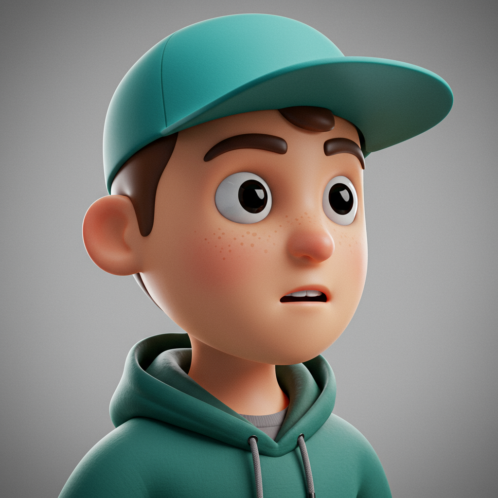 3D Cartoon Boy With Surprised Expression In Teal Hoodie And Cap