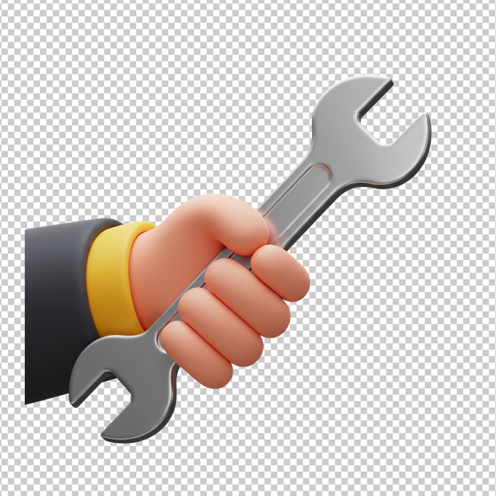 3D Cartoon Hand Holding Wrench Transparent PNG Cutout For Repair Service
