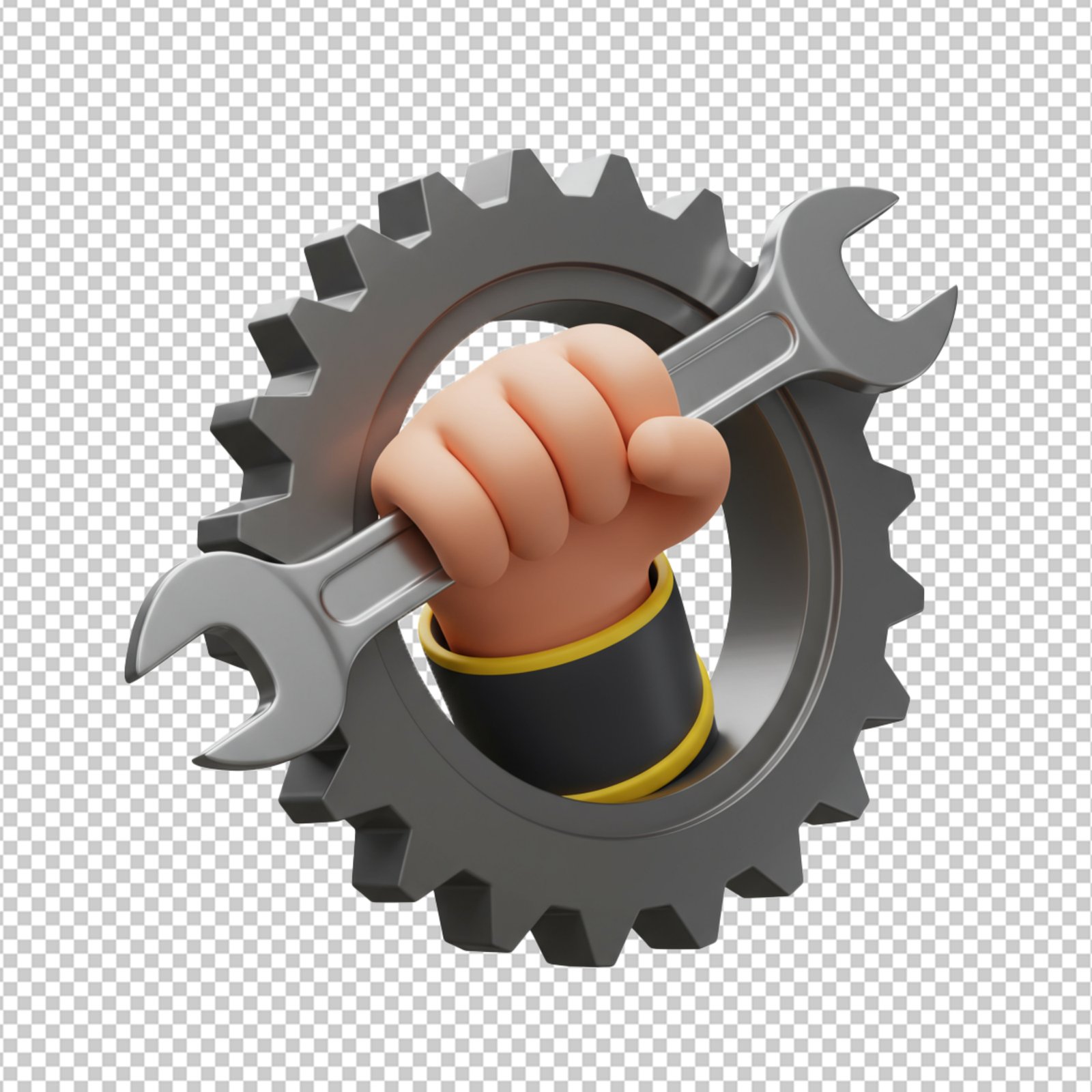 3D Cartoon Hand With Wrench And Gear Isolated On Transparent Background