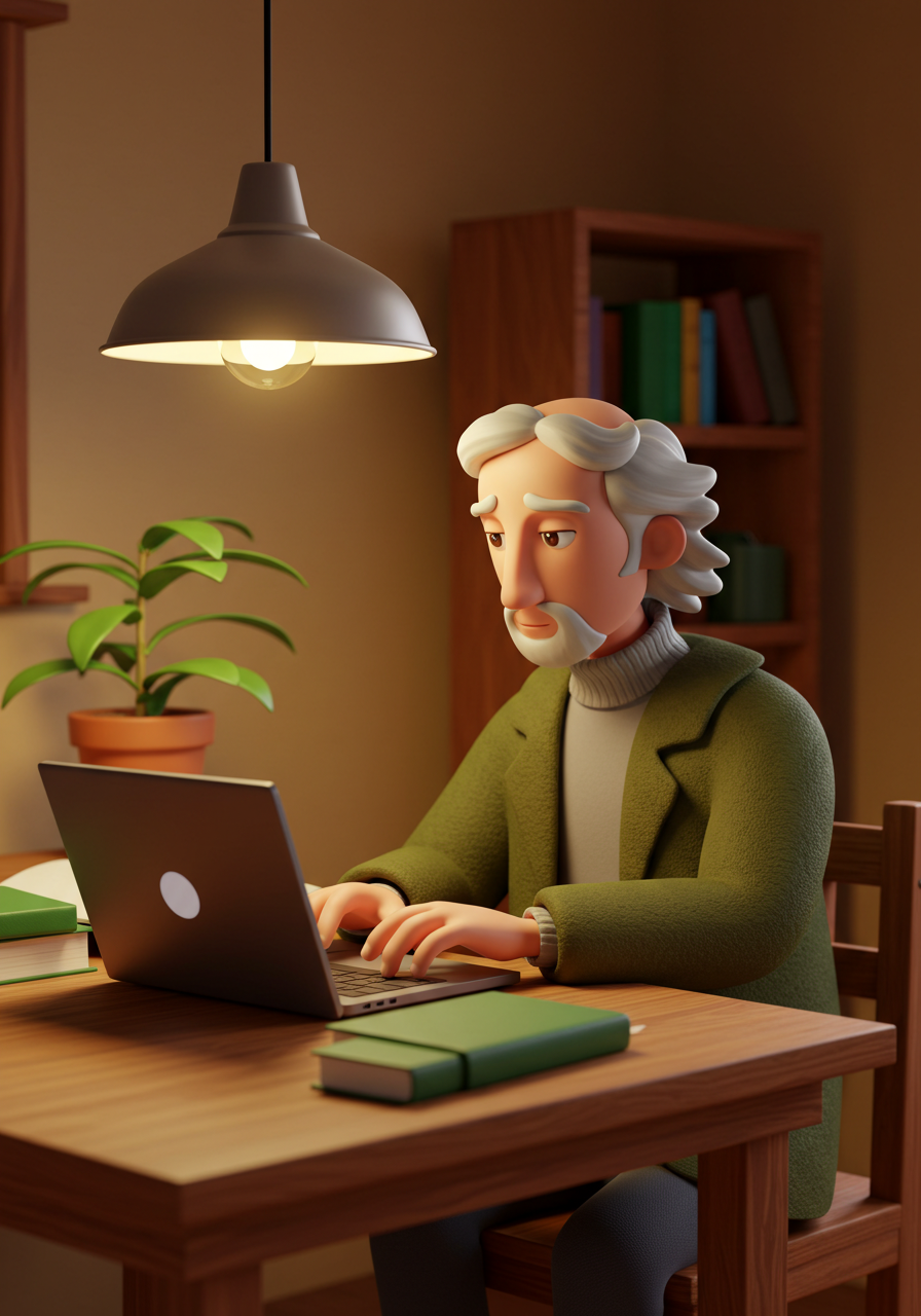 3D Cartoon Senior Man Working On Laptop In Cozy Home Office