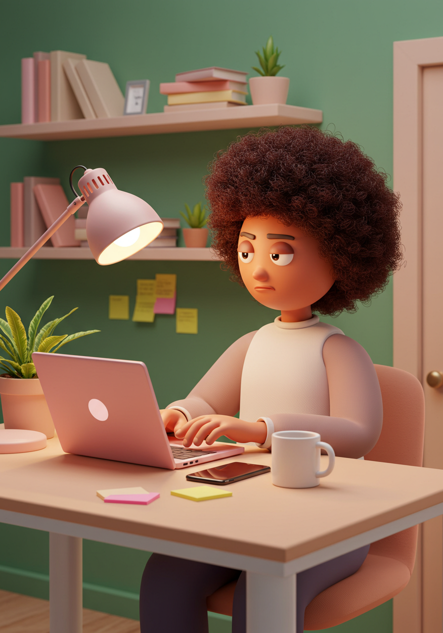 3D Character Tired Of Online Work At Home Office Desk