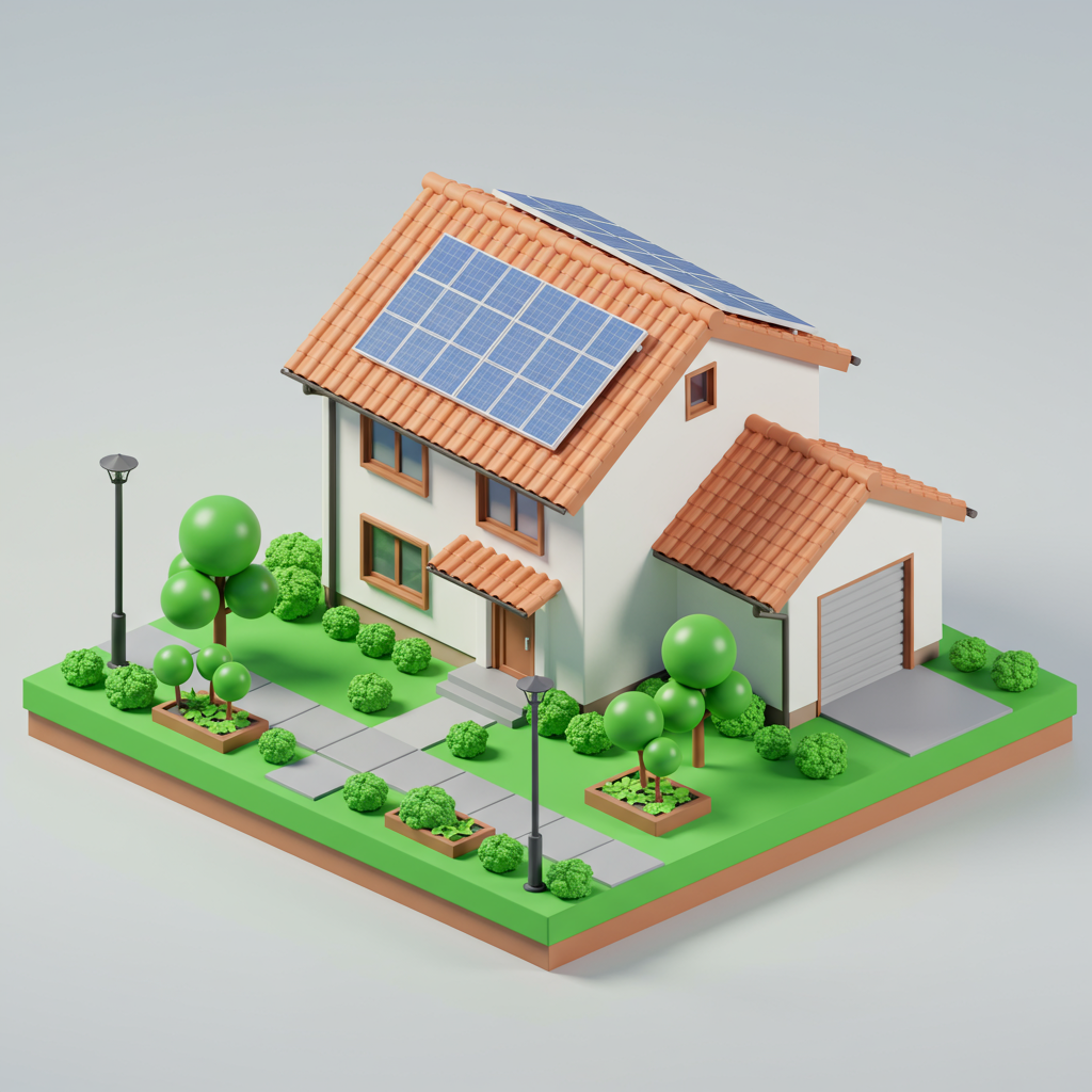 3D Isometric Sustainable House With Solar Panels And Green Garden