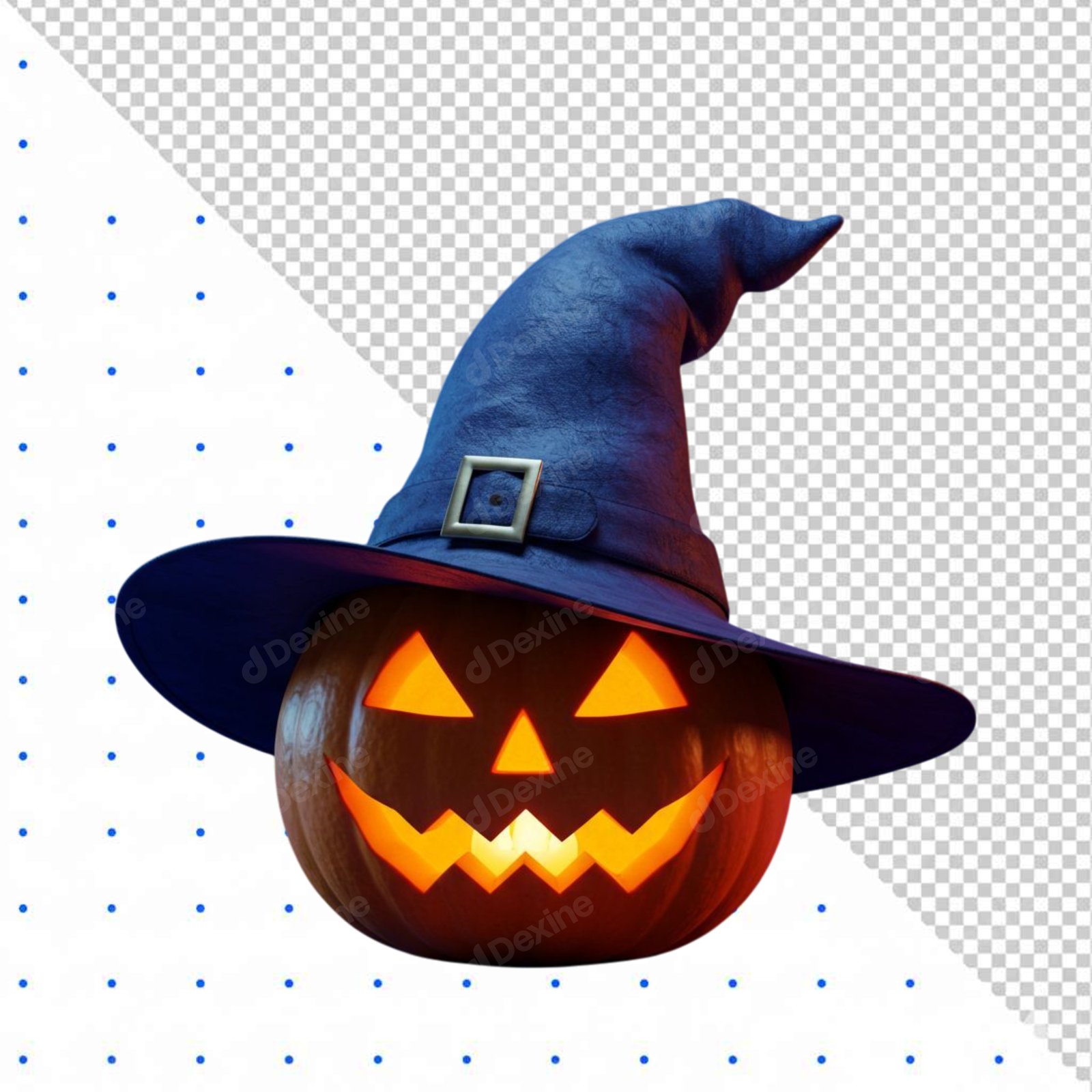 3D Jack O Lantern With Witch Hat Isolated On Transparent Background