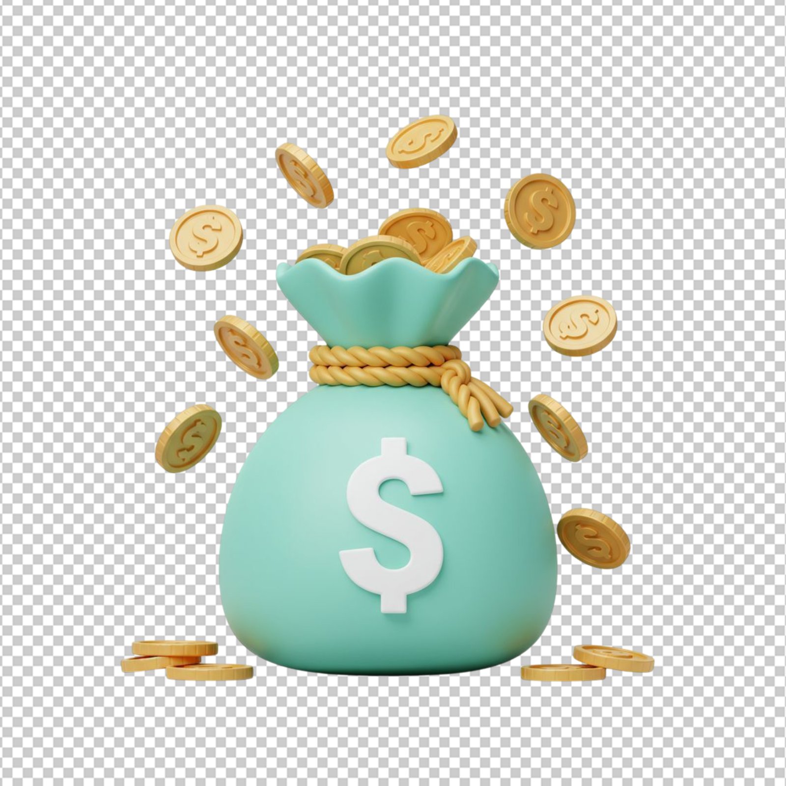 3D Money Bag With Falling Gold Coins On Transparent Background PNG