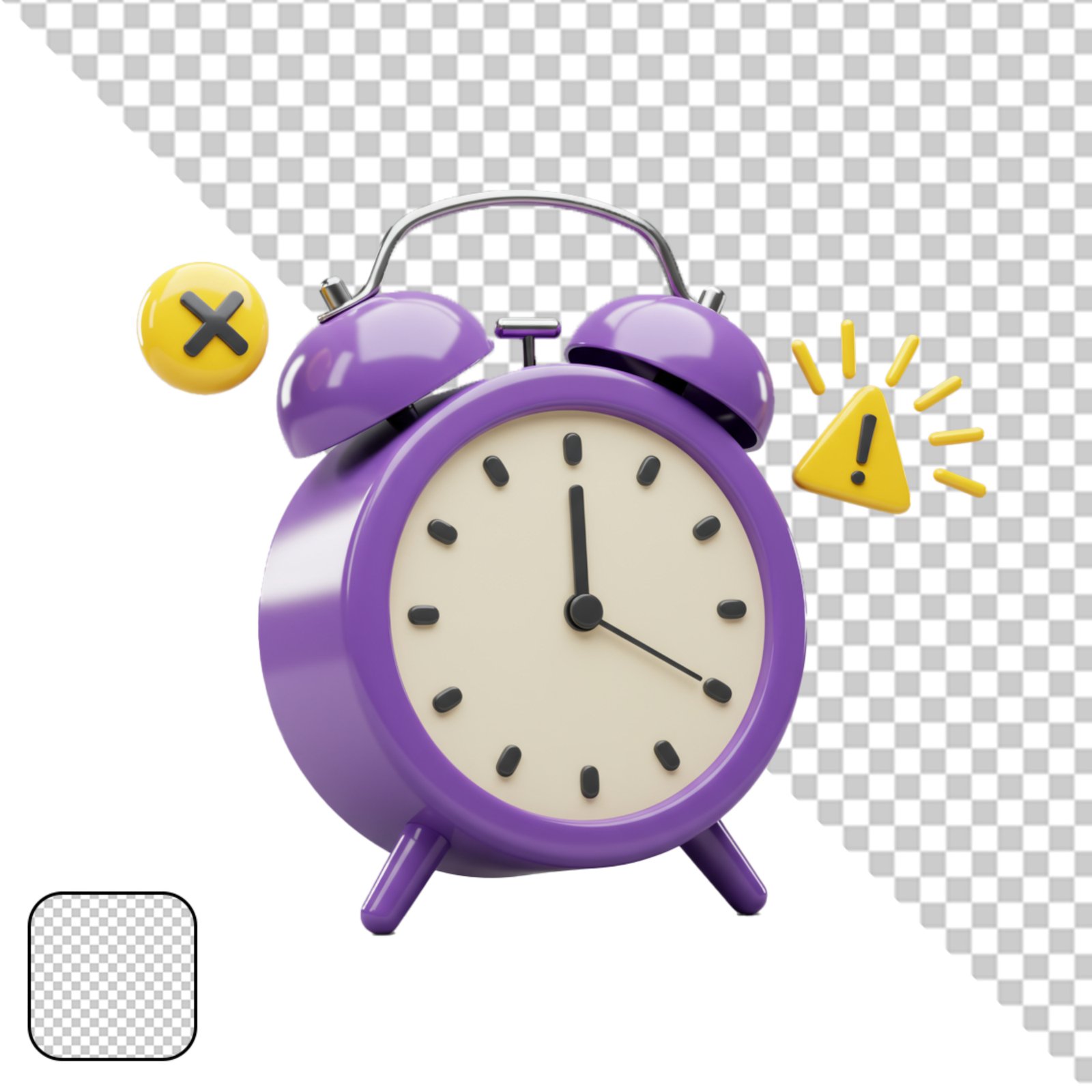 3D Purple Alarm Clock With Warning And Error Icons Transparent PNG