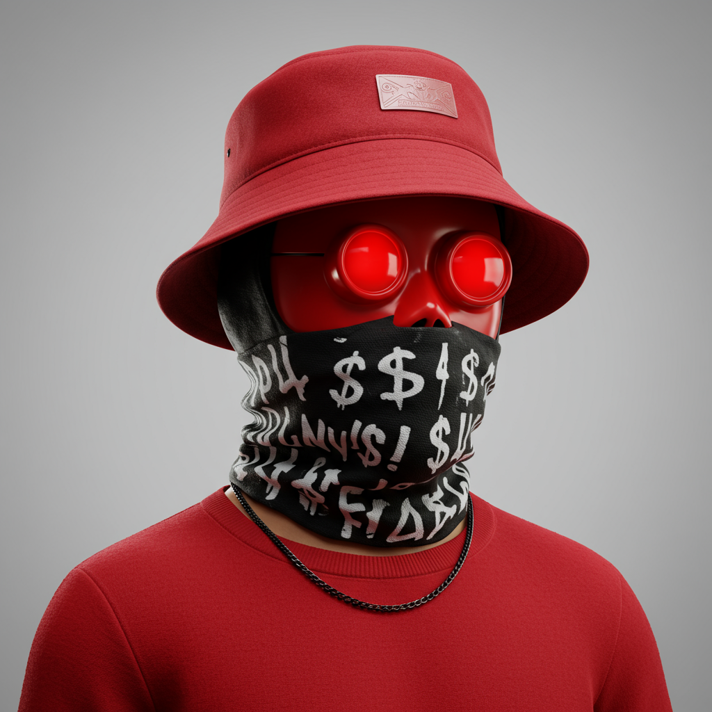 3D Rendered Character With Red Hat Dollar Mask And Glowing Eyes