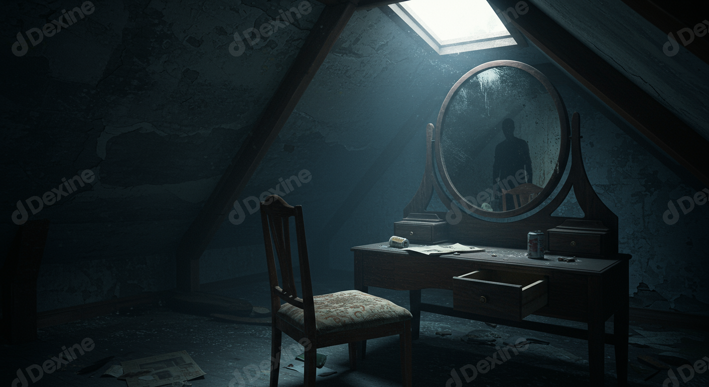 Abandoned Attic Room With Mysterious Reflection In Dusty Mirror