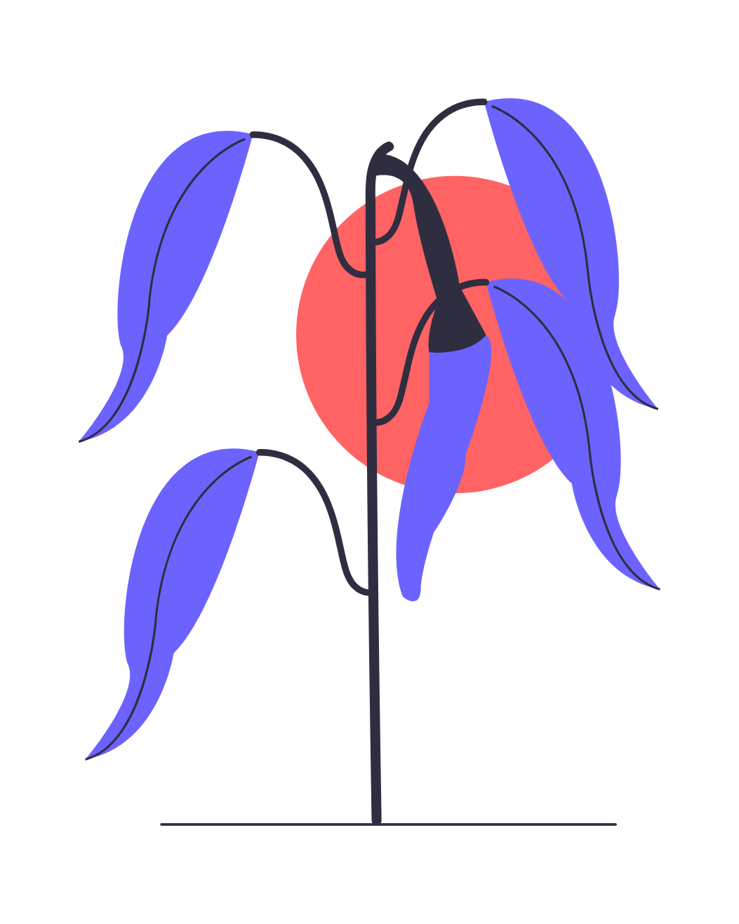 Abstract Minimalist Plant Illustration With Blue Leaves And Red Circle