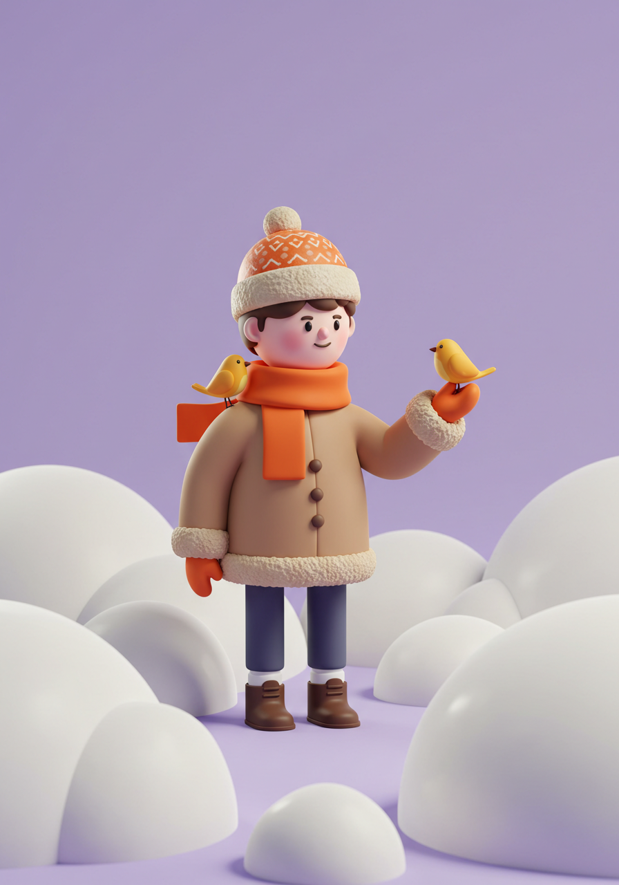Adorable 3D Cartoon Boy In Winter Outfit With Cute Birds