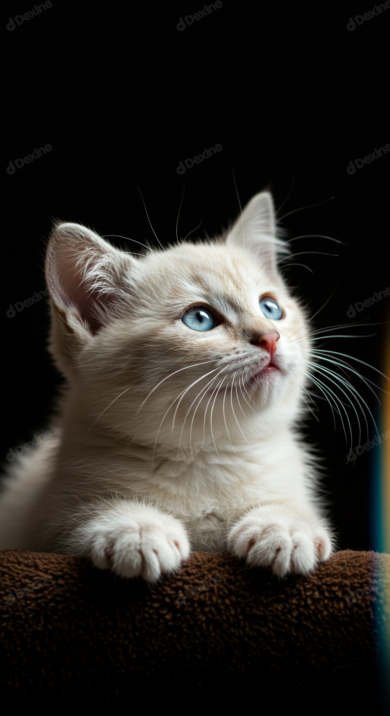 Adorable Cream Kitten With Bright Blue Eyes Looking Up