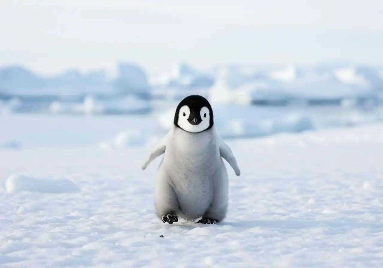 Adorable Emperor Penguin Chick Walking On Snowy Antarctic Ice