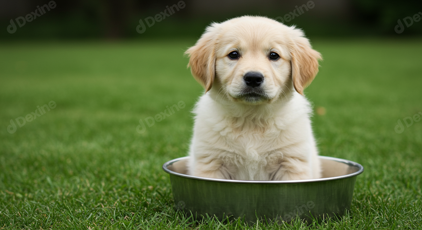 Adorable Golden Retriever Puppy Sitting In A Bowl On Green Grass