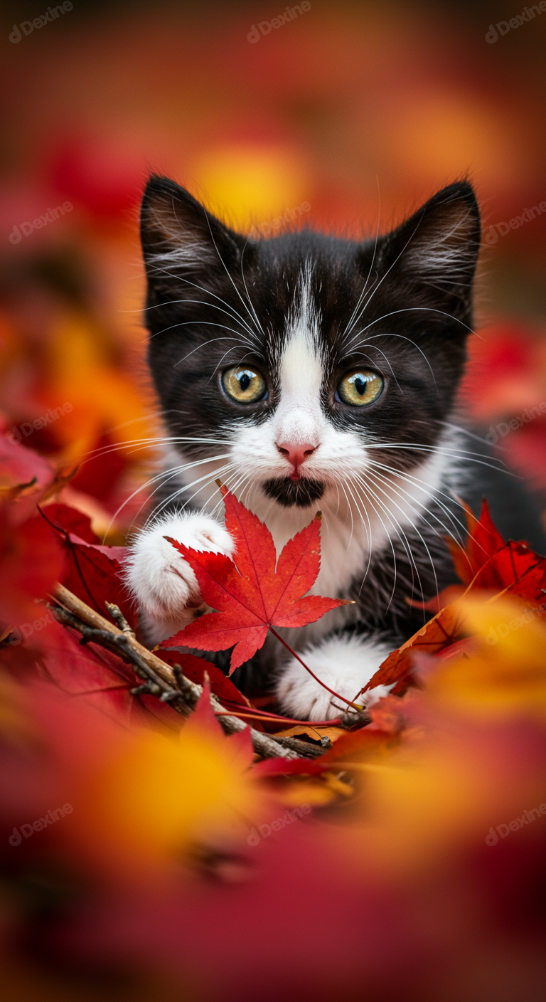 Adorable Tuxedo Kitten With Red Maple Leaf In Vibrant Autumn Leaves