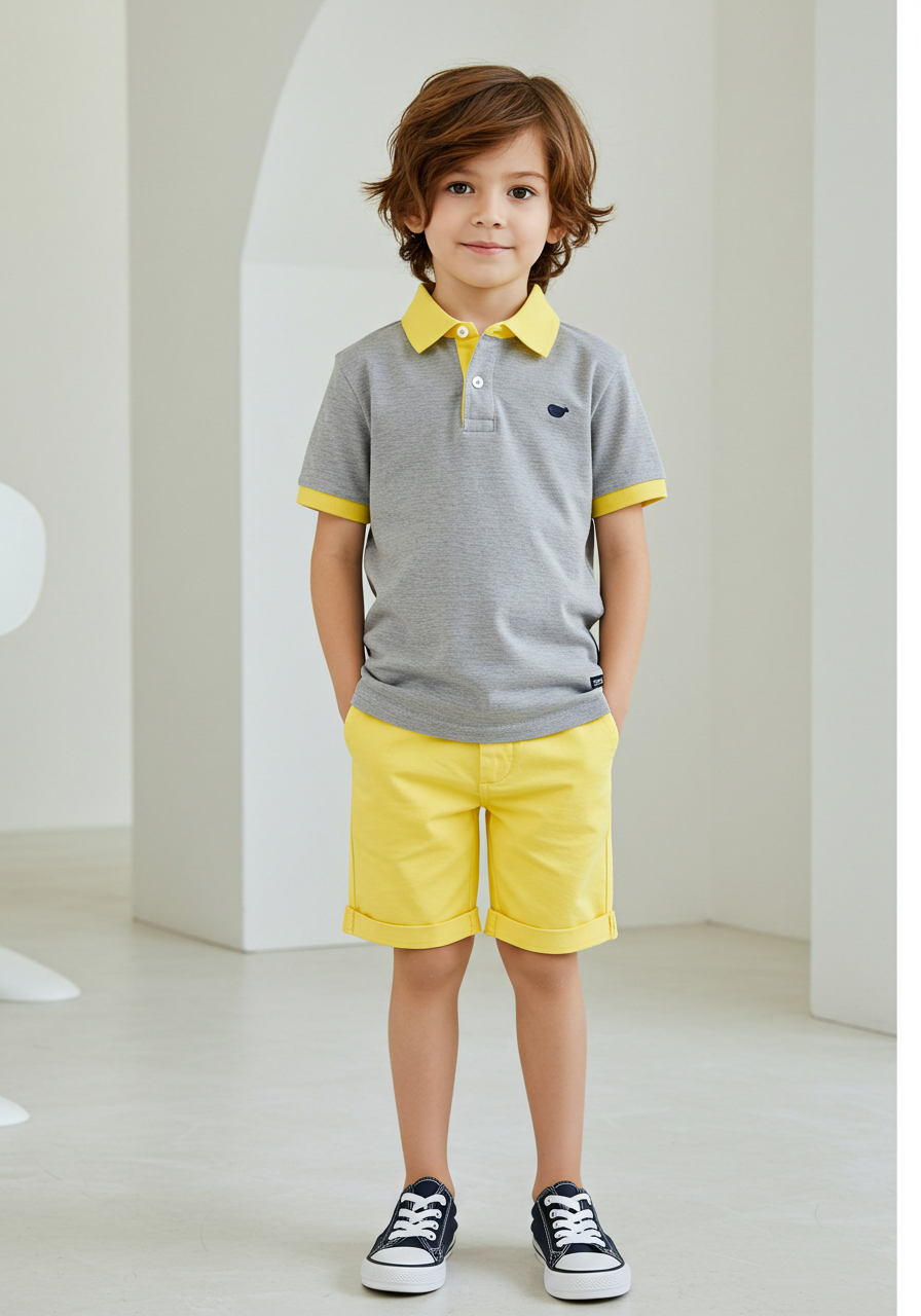Adorable Young Boy Smiling In Stylish Grey And Yellow Summer Outfit