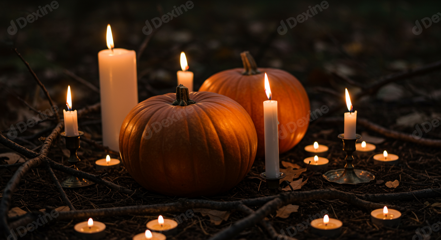 Atmospheric Halloween Night Pumpkins Lit Candles And Autumn Leaves