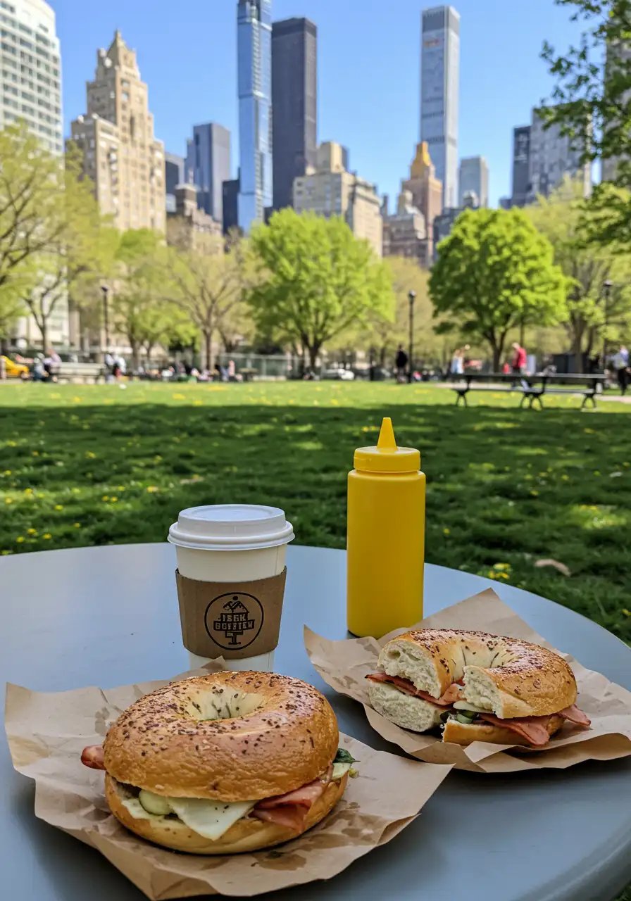 Bagels And Coffee Breakfast In Urban Park With City Skyline View