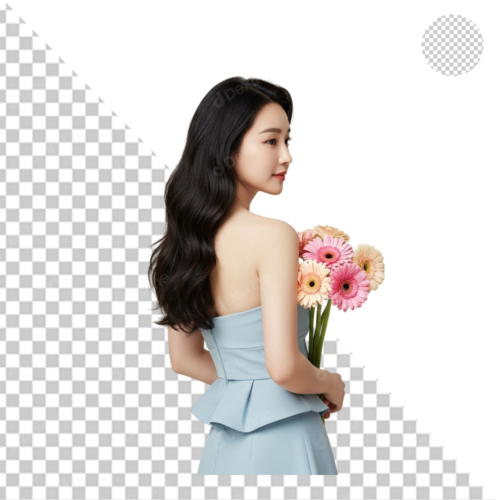 Beautiful Asian Woman Holding Gerbera Daisies With Transparent Background