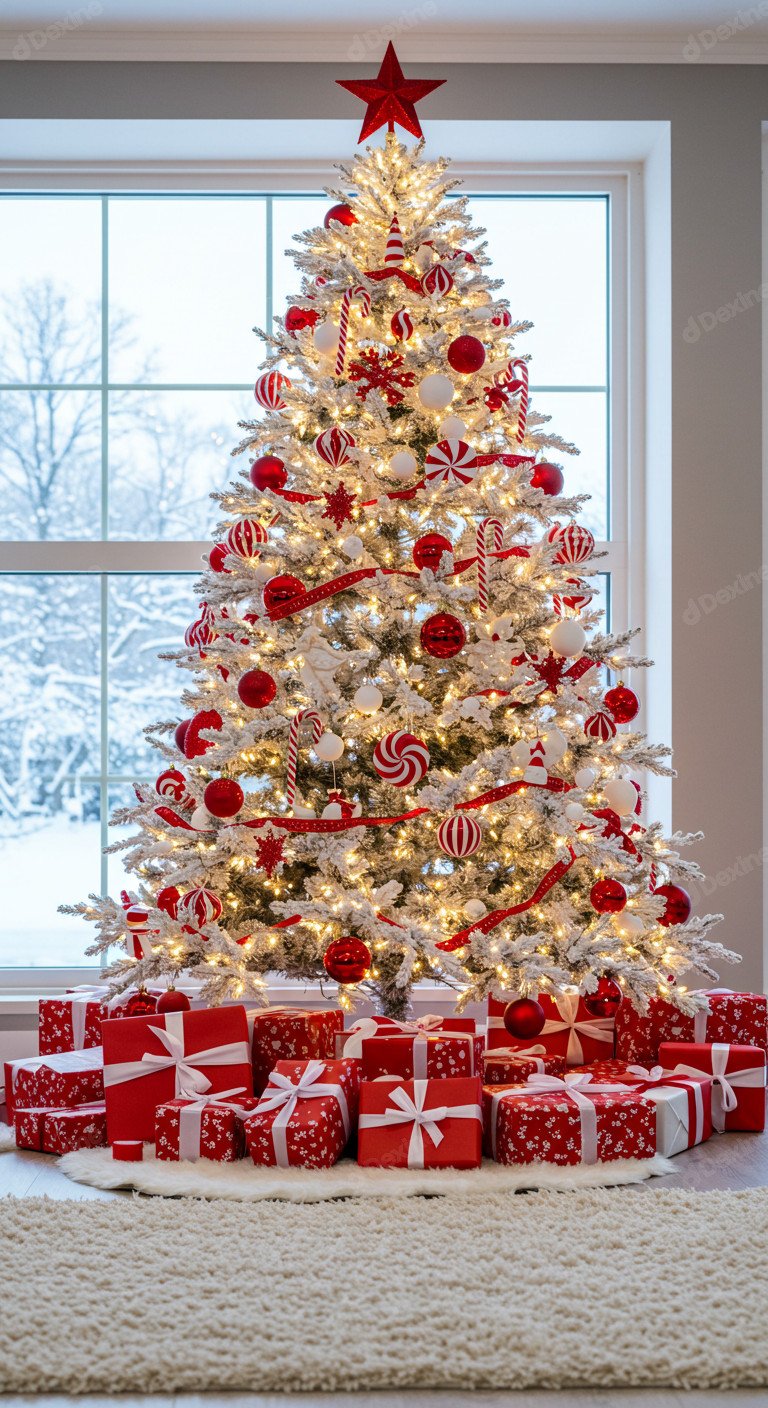 Beautiful Flocked Christmas Tree And Gifts Radiating Festive Season Vibe