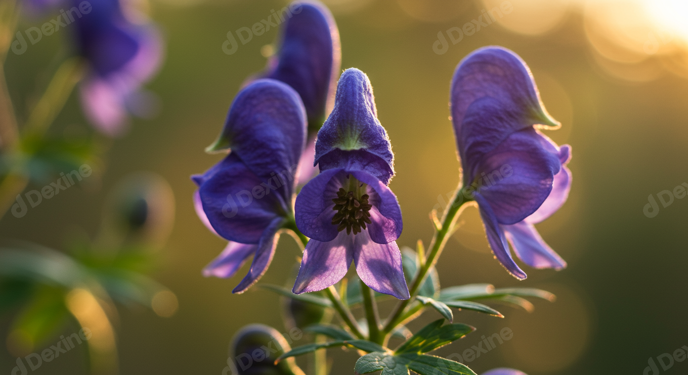 Beautiful Purple Aconite Flowers Glowing In Golden Hour Sunlight