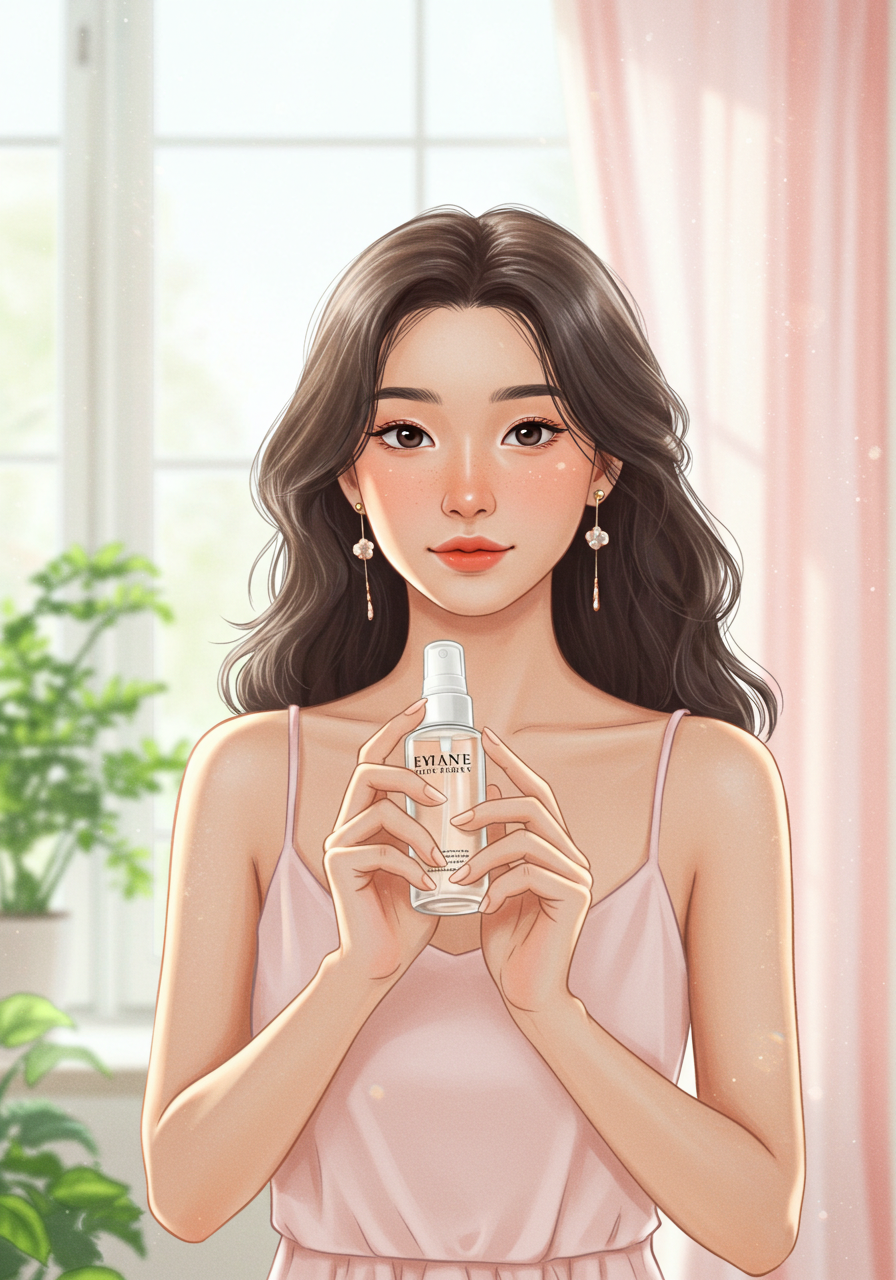 Beautiful Woman Presenting Skincare Facial Mist Product Illustration