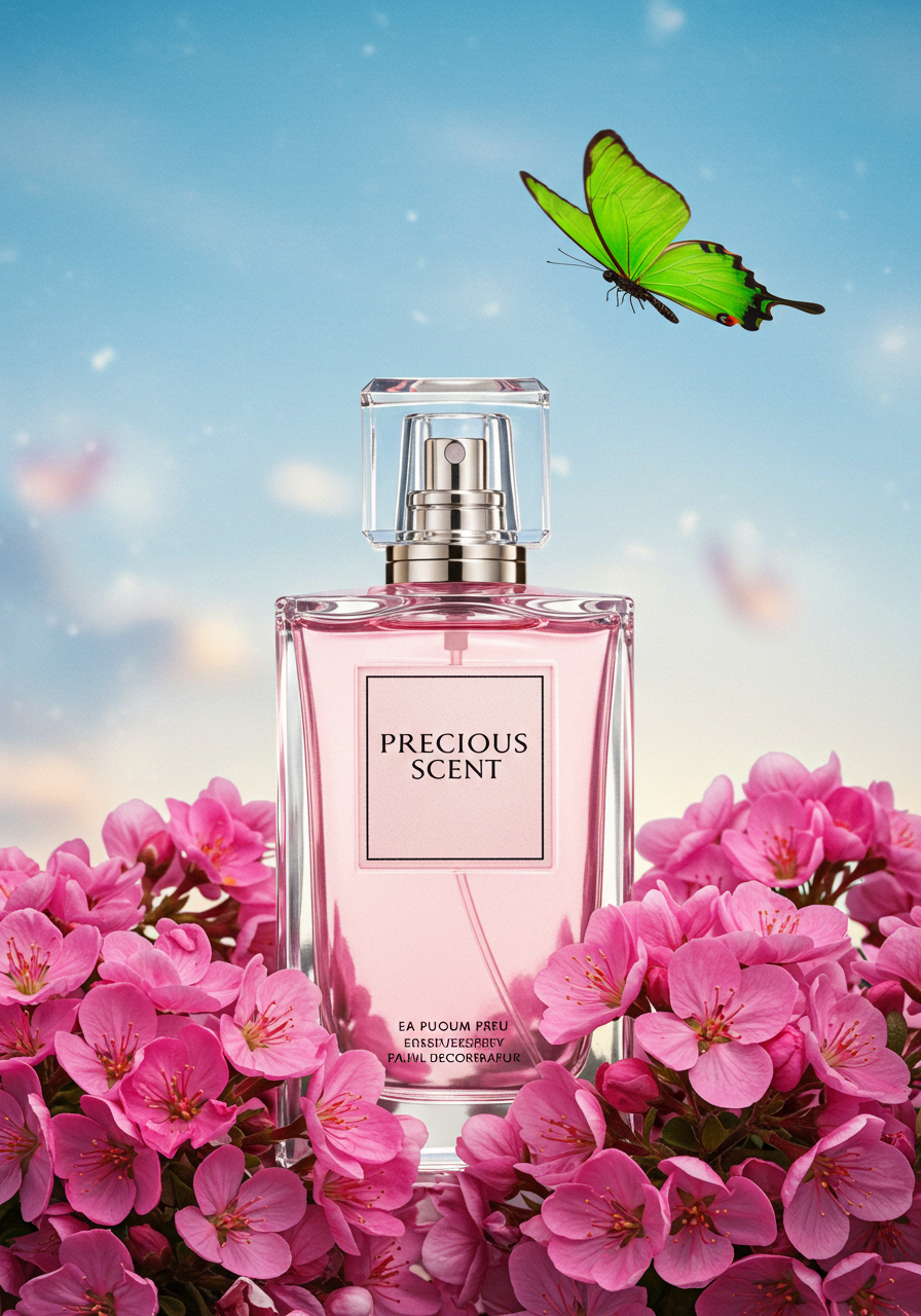 Bottle Of Perfume With Pink Flowers And Flying Butterfly