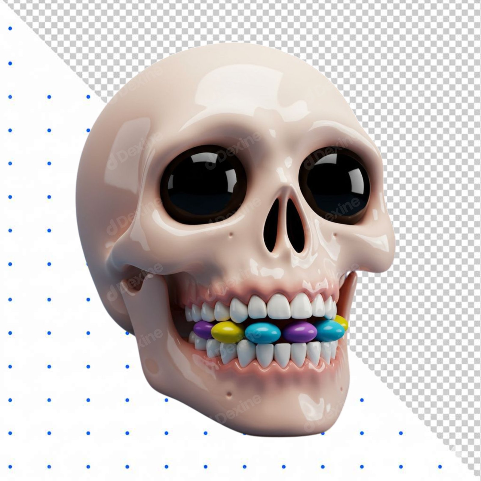 Cartoon 3D Skull Holding Colorful Pills Cutout Isolated On Transparent Background