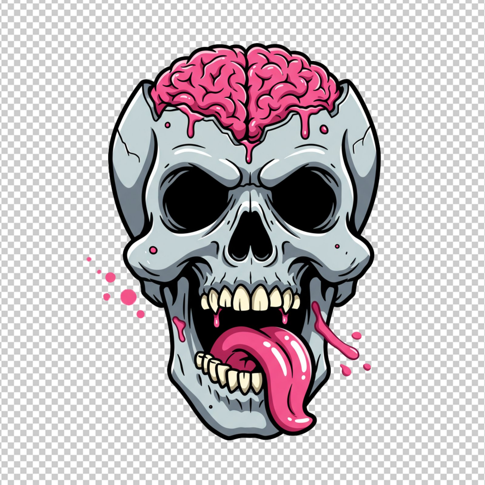 Cartoon Zombie Skull With Exposed Brain And Dripping Tongue PNG