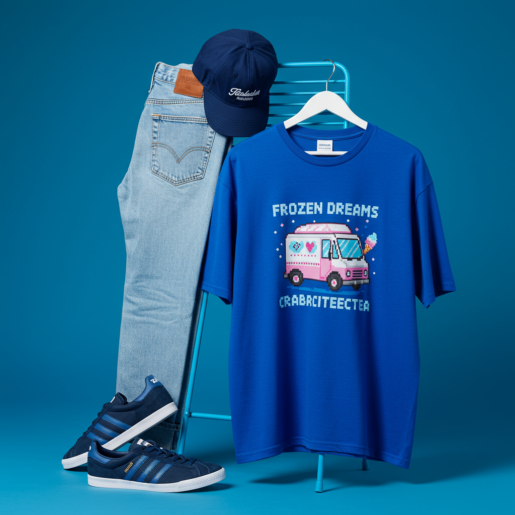Casual Outfit With Pixel Art Ice Cream Truck T Shirt And Accessories
