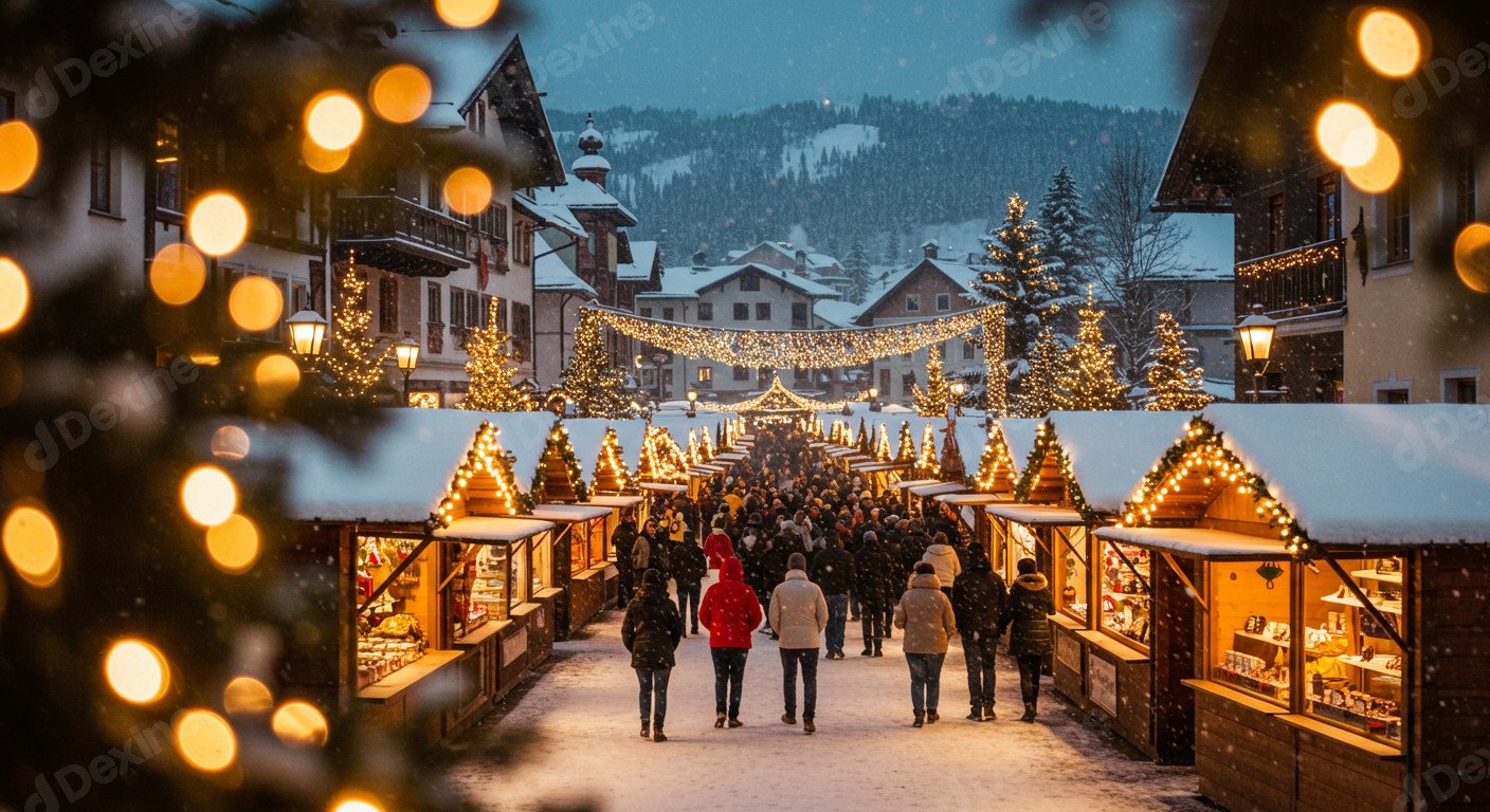 Charming European Christmas Market With Festive Season Vibe And Snowy Lights
