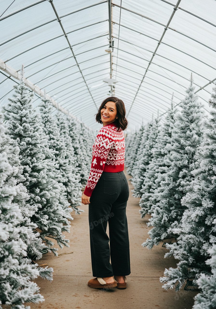 Cheerful Woman Embracing The Festive Season Vibe Among Snowy Christmas Trees