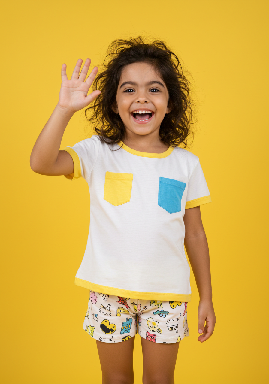 Cheerful Young Girl Waving And Smiling Brightly On Yellow Background