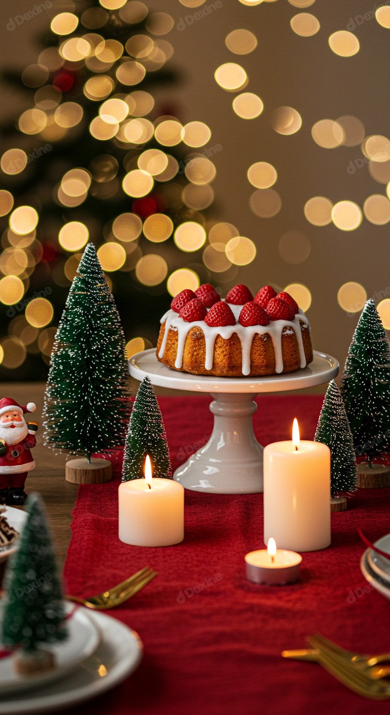 Christmas Strawberry Cake With Festive Season Vibe And Warm Candlelight