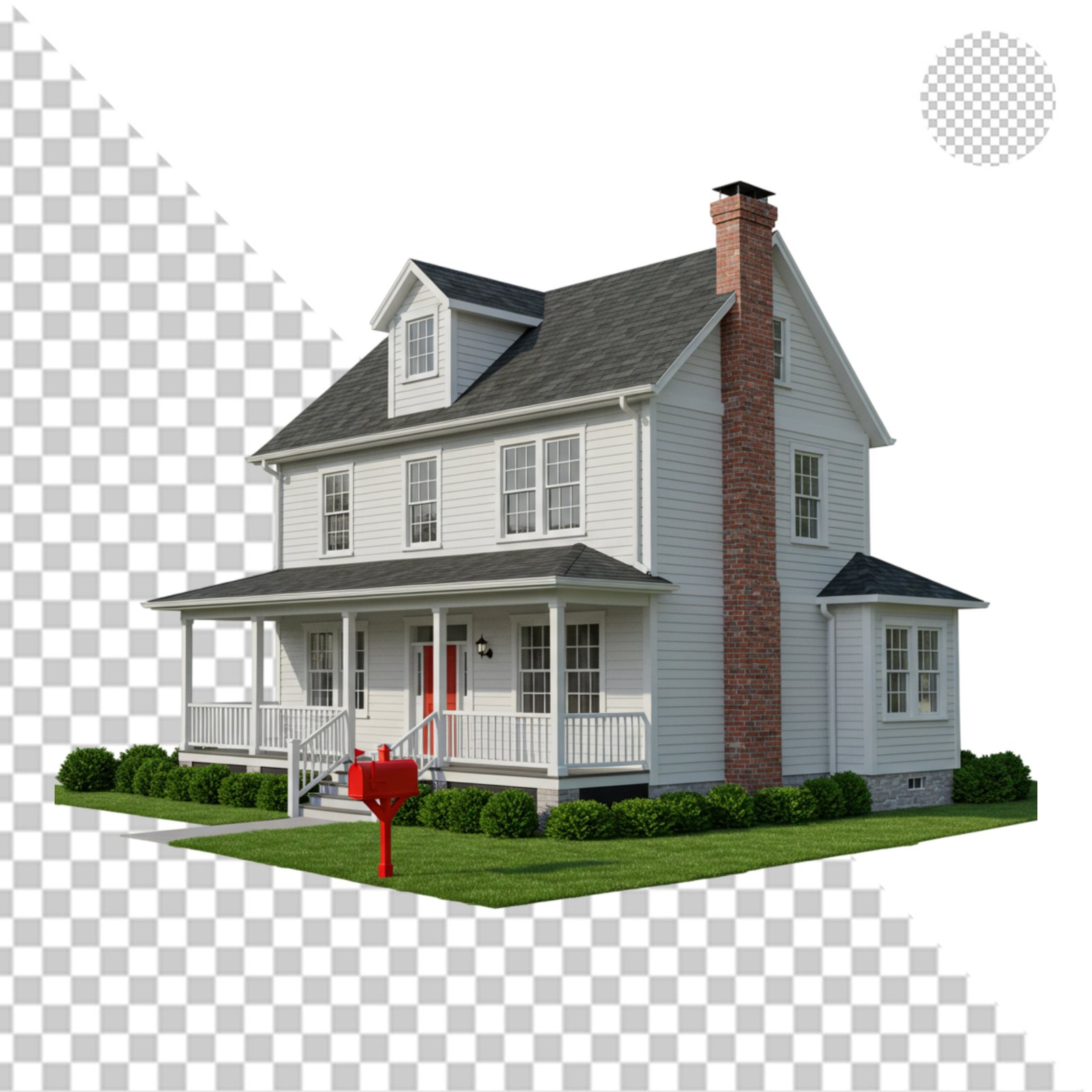 Classic American House With Porch And Mailbox Isolated On Transparent Background