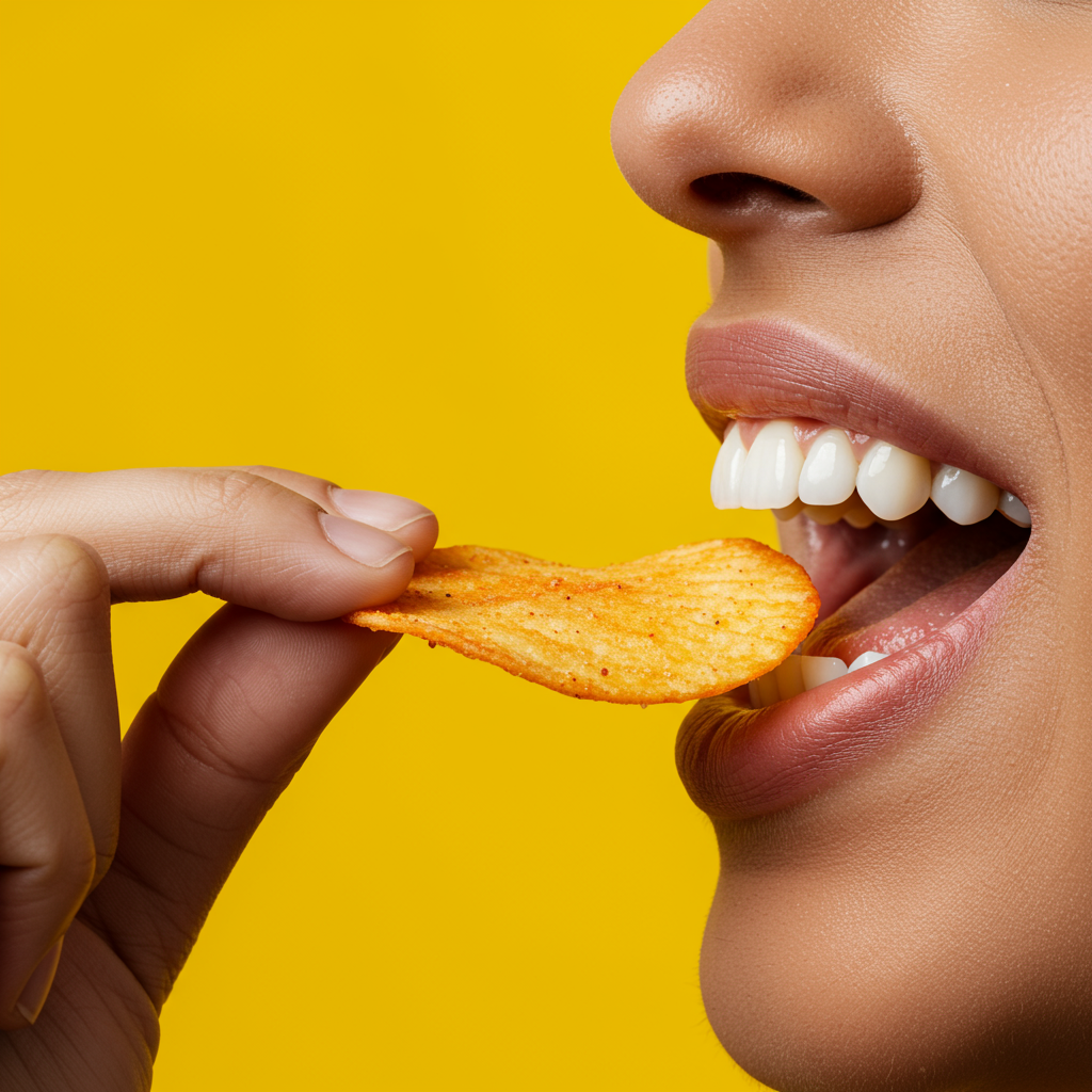 Close Up Of Person Eating Crispy Potato Chip Delicious Snack
