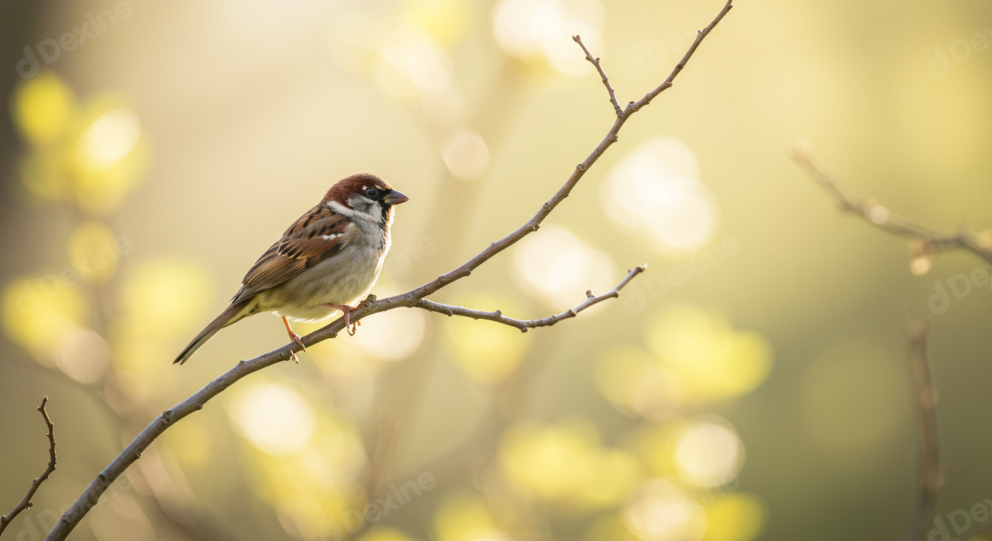 Common House Sparrow Perched On Bare Branch In Soft Golden Light