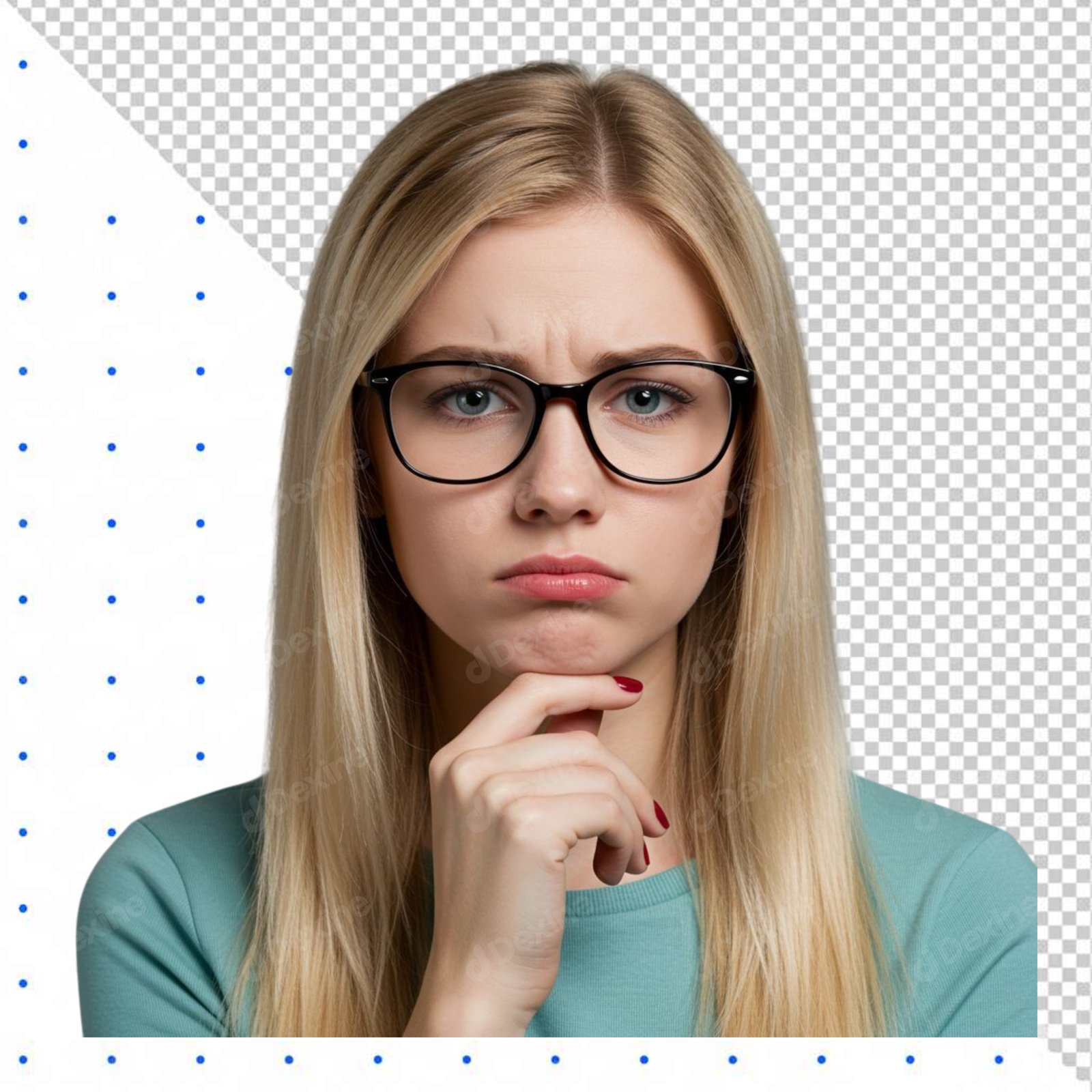 Confused Blonde Woman With Glasses Pondering Transparent PNG Cutout
