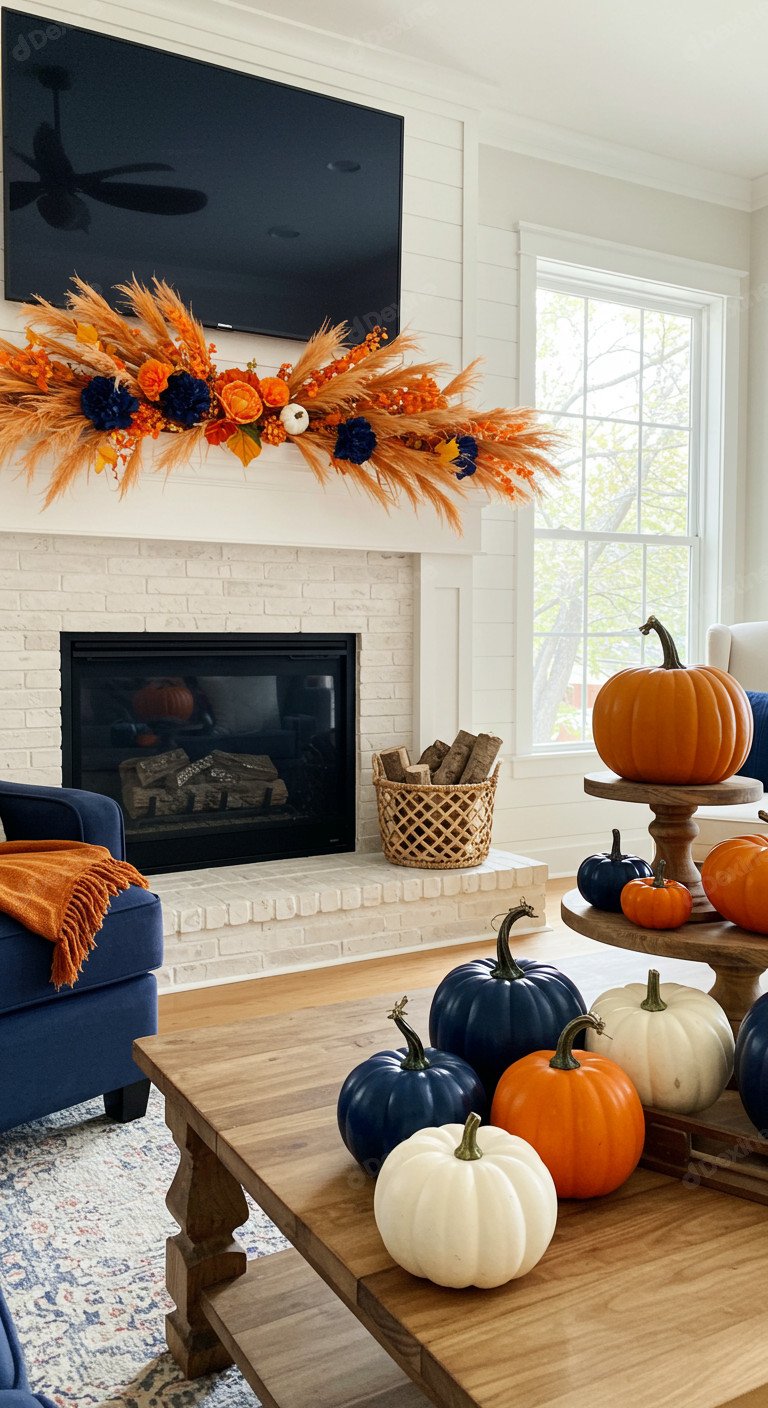 Cozy Fall Living Room With Pumpkins And Fireplace Capturing A Festive Season Vibe