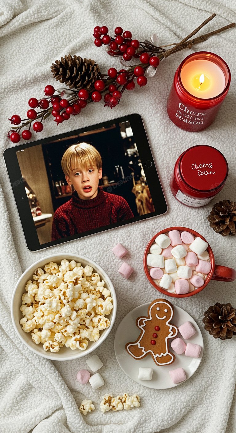 Cozy Festive Season Vibe Movie Night With Hot Cocoa Popcorn Gingerbread