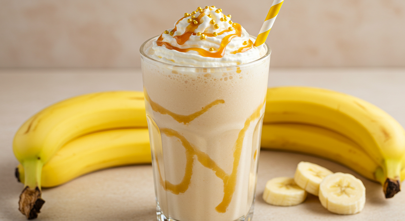 Creamy Banana Milkshake With Whipped Cream Caramel And Golden Sprinkles