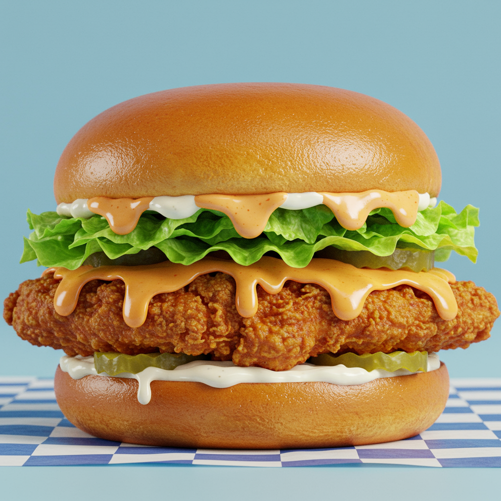Crispy Fried Chicken Sandwich With Dripping Sauce And Fresh Toppings