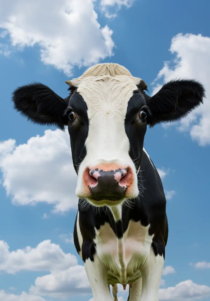 Curious Holstein Cow Looking At Camera Against Bright Blue Sky