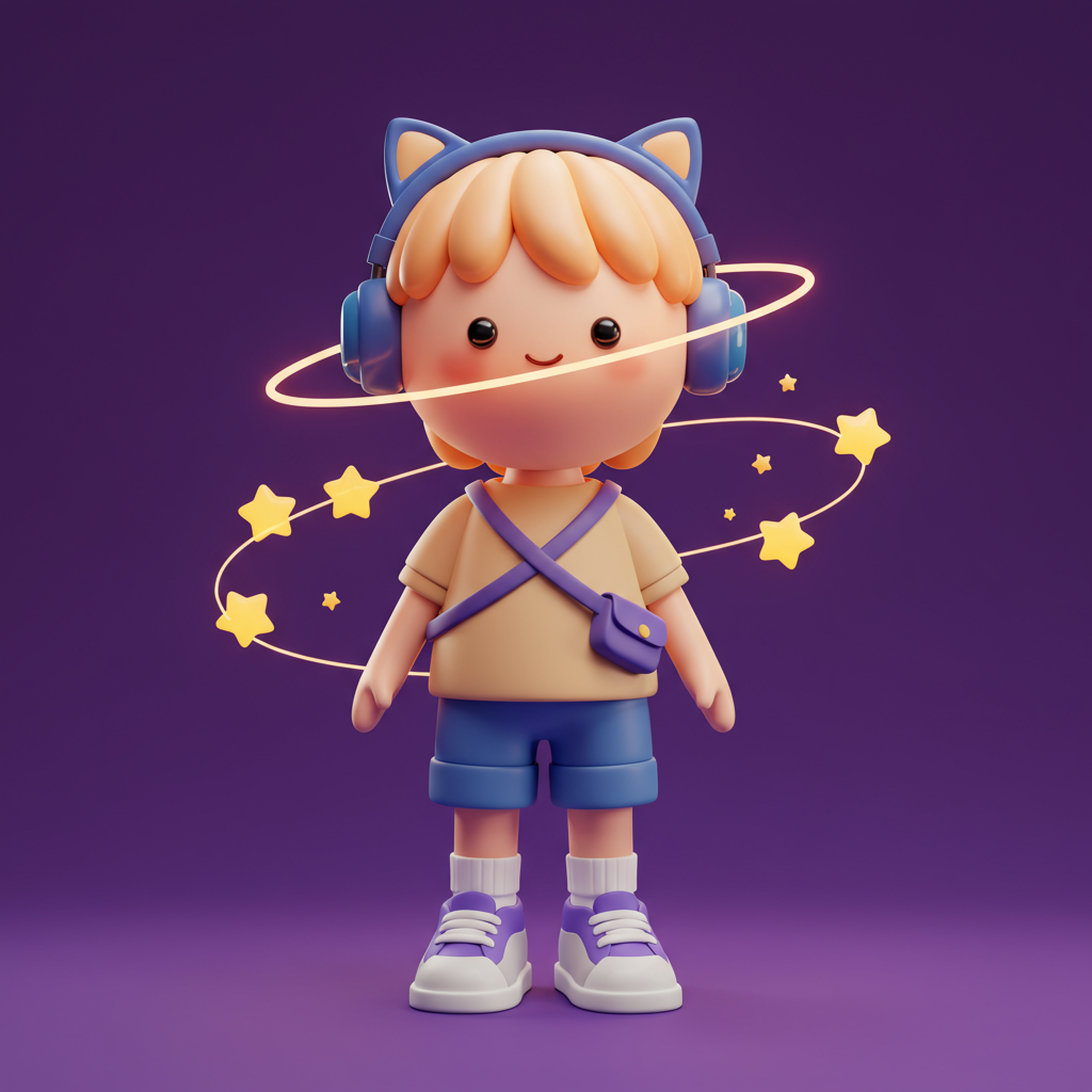 Cute 3D Boy Character Listening To Music With Magical Stars