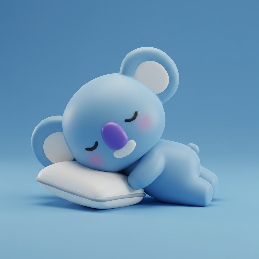 Cute 3D Cartoon Blue Koala Character Sleeping Peacefully On Pillow