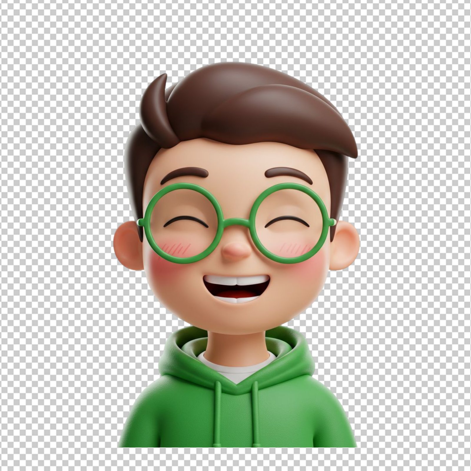 Cute 3D Cartoon Boy Laughing Avatar With Green Glasses PNG