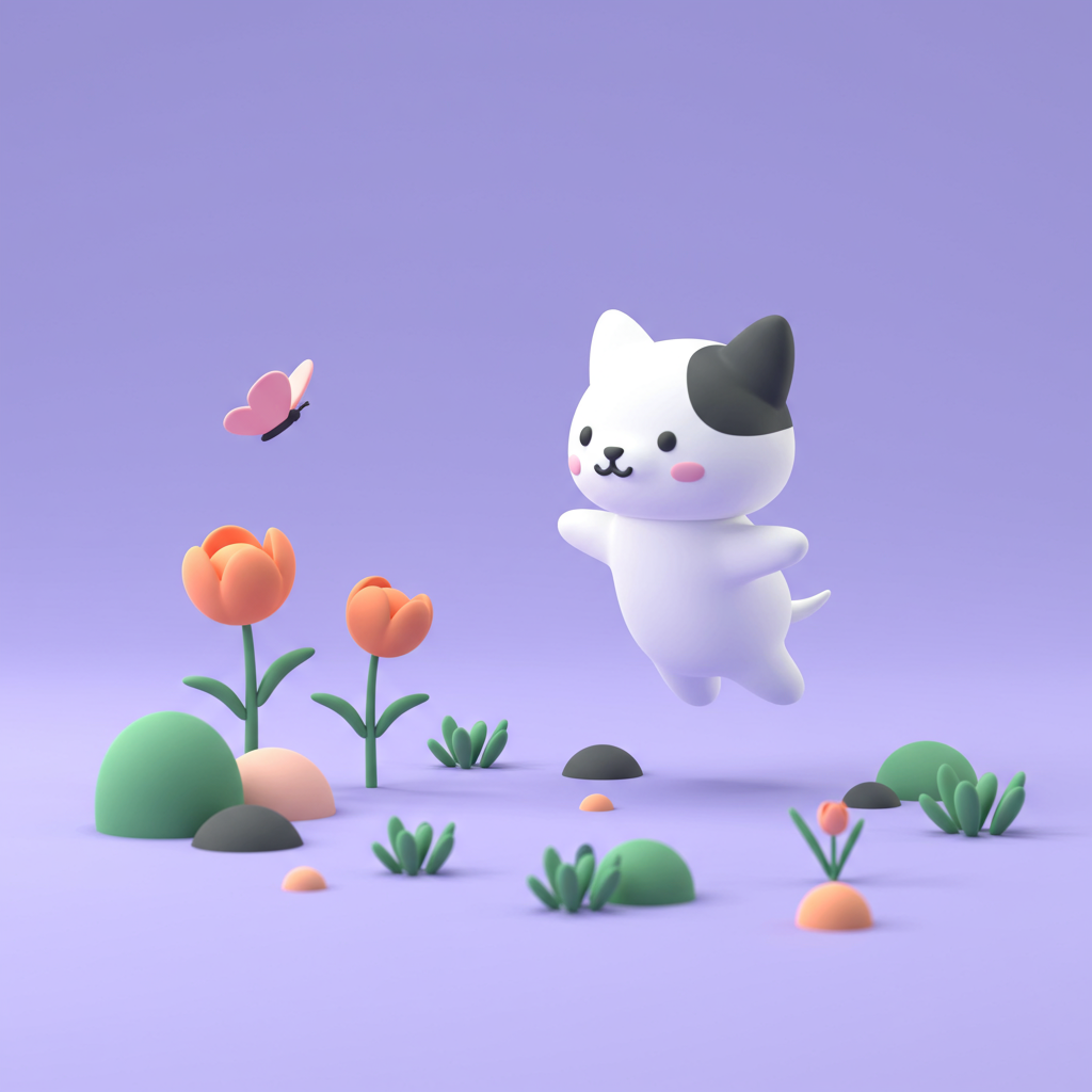 Cute 3D Cartoon Cat Playing In Whimsical Garden With Butterfly