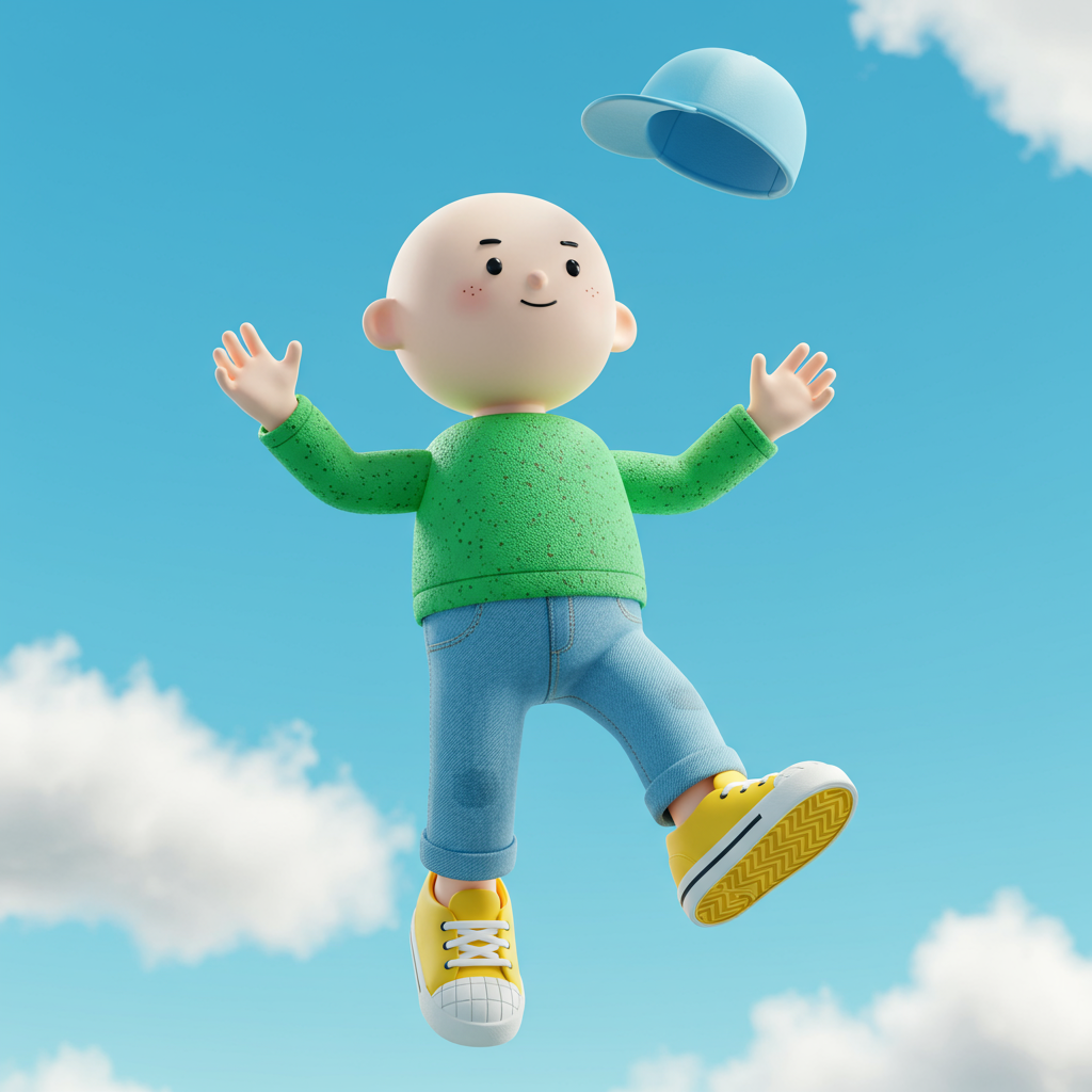 Cute 3D Cartoon Character Jumping Playfully In Blue Sky
