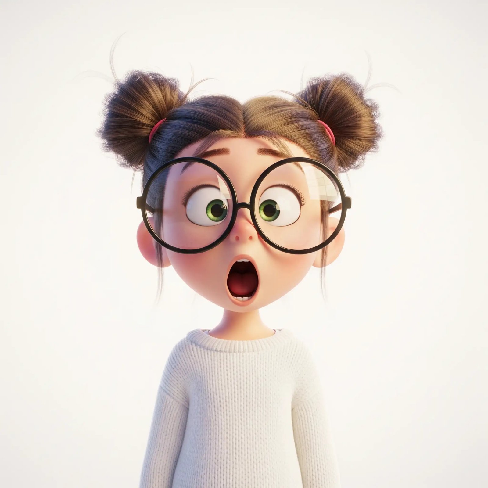 Cute 3D Cartoon Girl With Glasses Reacting With Surprise