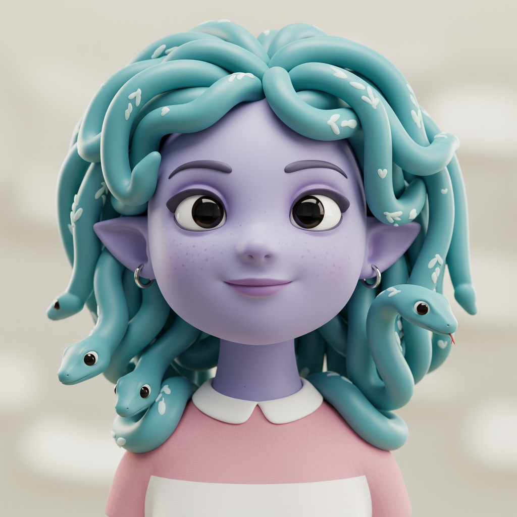 Cute 3D Cartoon Medusa Character With Friendly Smile And Snake Hair