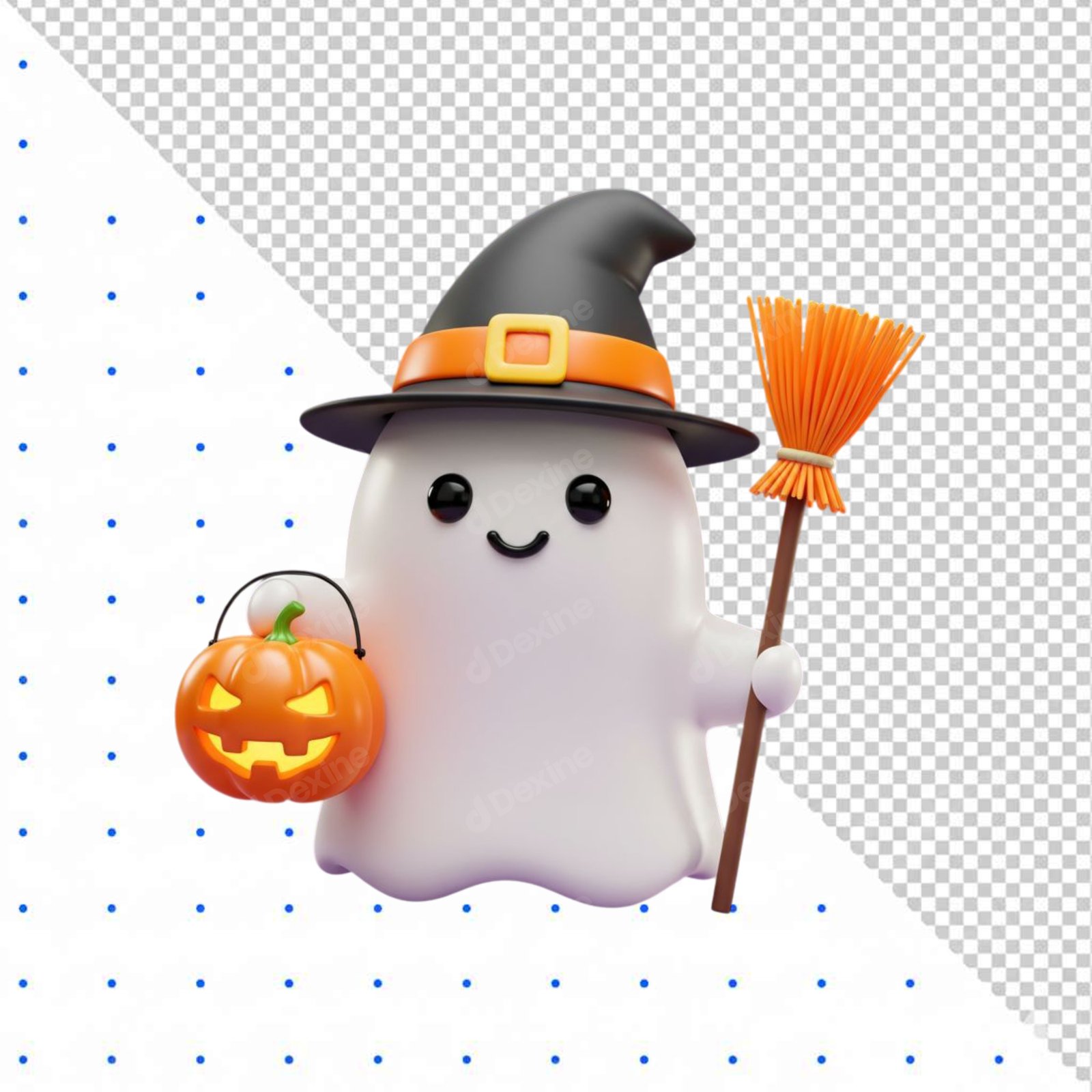 Cute 3D Halloween Ghost Wearing Witch Hat Isolated On Transparent Background 202711