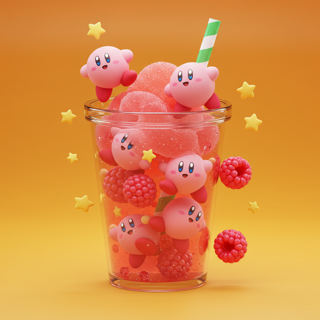 Cute 3D Pink Characters Enjoying A Refreshing Raspberry Slushie